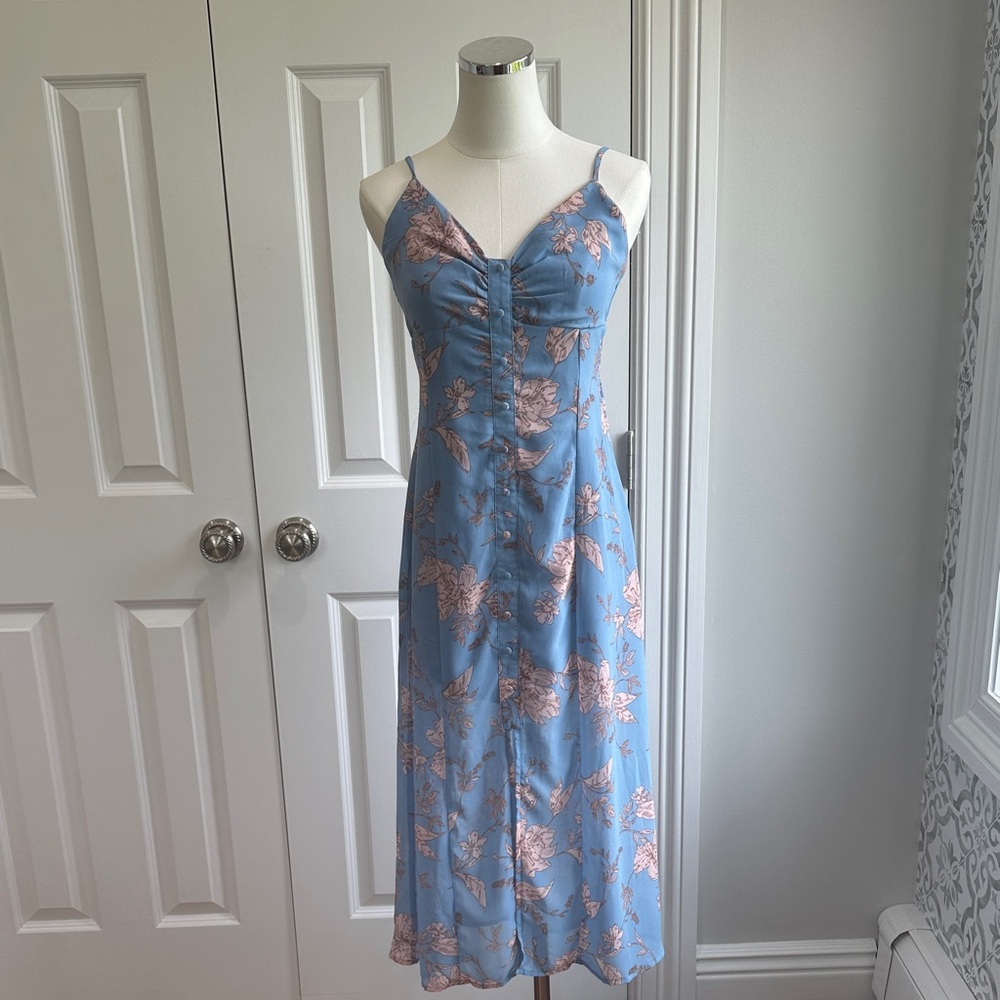Blush & Day Floral Blue Midi Cottagecore Spaghetti Strap Floral Dress Size M